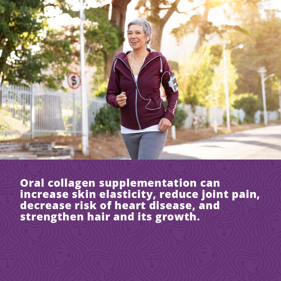 Add oral collagen supplements to your anti-aging routine to increase skin elasticity, reduce joint pain, decrease risk of heart disease and to strengthen hair and nails.